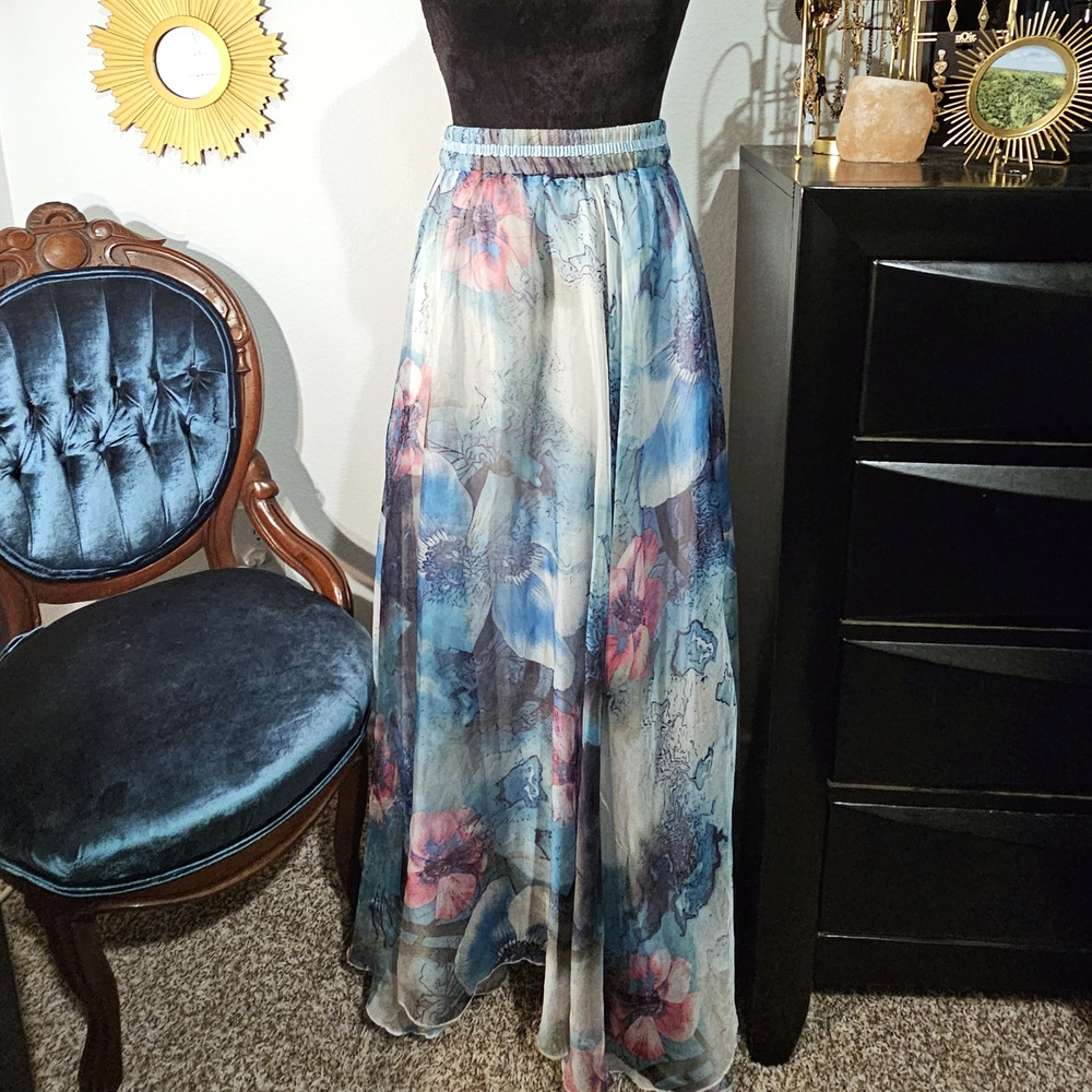 Elegant Floral High-Low Skirt - Blue and Pink